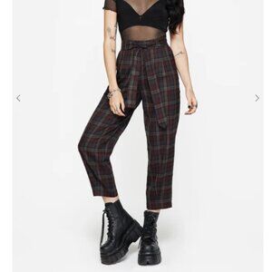 Disturbia Kalma Check Tie Belt Tapered Trouser Womens US 8 Red Multi Goth Dark